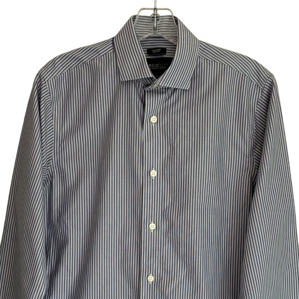 Awearness Kenneth Cole Mens Blue Striped Slim Fit Non-Iron Shirt 14.5 32/33 - Picture 2 of 8